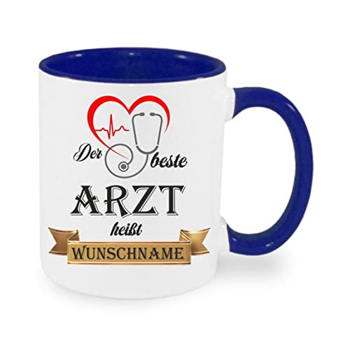 Crealuxe Kaffeetasse - Der Beste Arzt heißt (Wunschname) - Spruchtasse, Bürotasse, bedruckte Keramiktasse, Tasse mit Spruch, Hochwertige Kaffeetasse, Tasse personalisiert (Blau) von Crealuxe