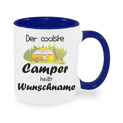 Crealuxe Kaffeetasse - Der Coolste Camper heißt (Wunschname) -Spruchtasse, Bürotasse, bedruckte Keramiktasse, Tasse mit Spruch, Hochwertige Kaffeetasse, Tasse personalisiert (Blau) von Crealuxe