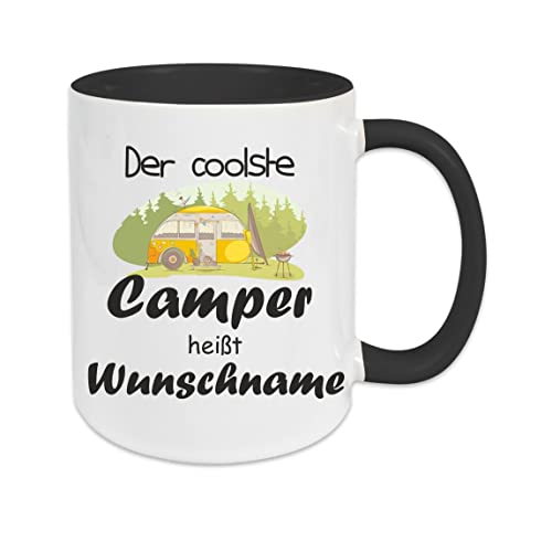 Crealuxe Kaffeetasse - Der Coolste Camper heißt (Wunschname) -Spruchtasse, Bürotasse, bedruckte Keramiktasse, Tasse mit Spruch, Hochwertige Kaffeetasse, Tasse personalisiert (Schwarz) von Crealuxe