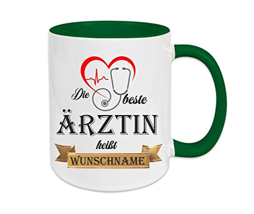 Crealuxe Kaffeetasse - Die Beste Ärztin heißt (Wunschname) - Spruchtasse, Bürotasse, bedruckte Keramiktasse, Tasse mit Spruch, Hochwertige Kaffeetasse, Tasse personalisiert (Grün) von Crealuxe