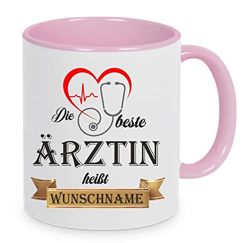Crealuxe Kaffeetasse - Die Beste Ärztin heißt (Wunschname) - Spruchtasse, Bürotasse, bedruckte Keramiktasse, Tasse mit Spruch, Hochwertige Kaffeetasse, Tasse personalisiert (Rosa) von Crealuxe
