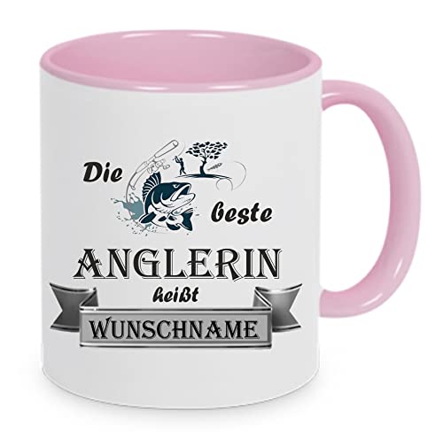 Crealuxe Kaffeetasse - Die Beste Anglerin heißt (Wunschname) - Spruchtasse, Bürotasse, bedruckte Keramiktasse, Tasse mit Spruch, Hochwertige Kaffeetasse, Tasse personalisiert (Rosa) von Crealuxe