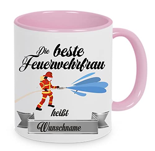 Crealuxe Kaffeetasse - Die Beste Feuerwehrfrau heißt (Wunschname) - Spruchtasse, Bürotasse, bedruckte Keramiktasse, Tasse mit Spruch, Hochwertige Kaffeetasse, Tasse personalisiert (Rosa) von Crealuxe