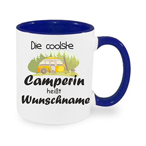 Crealuxe Kaffeetasse - Die Coolste Camperin heißt (Wunschname) -Spruchtasse, Bürotasse, bedruckte Keramiktasse, Tasse mit Spruch, Hochwertige Kaffeetasse, Tasse personalisiert (Blau) von Crealuxe