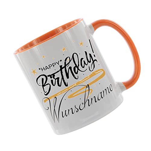 Crealuxe Kaffeetasse - Happy Birthday Wunschname - Spruchtasse, Bürotasse, bedruckte Keramiktasse, Hochwertige Kaffeetasse, Tasse personalisiert mit Name/Spruch (Orange) von Crealuxe