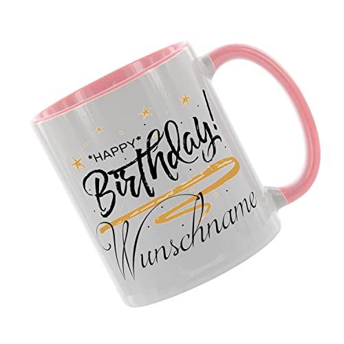 Crealuxe Kaffeetasse - Happy Birthday Wunschname - Spruchtasse, Bürotasse, bedruckte Keramiktasse, Hochwertige Kaffeetasse, Tasse personalisiert mit Name/Spruch (Rosa) von Crealuxe