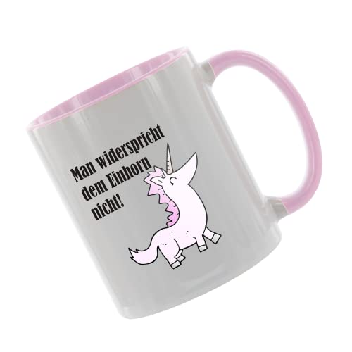 Crealuxe Kaffeetasse 'Man widerspricht dem Einhorn nicht' bedruckt, Spruchtasse, hochwertige Keramiktasse (Rosa) von Crealuxe