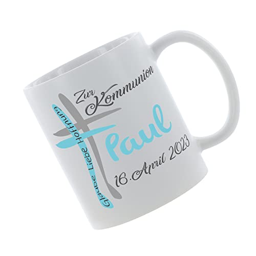 Crealuxe Kaffeetasse - Zur Kommunion 'Wunschname' 'Datum' - Spruchtasse, Bürotasse, bedruckte Keramiktasse, Hochwertige Kaffeetasse, Tasse personalisiert mit Name/Spruch (Weiß/Schrift Blau) von Crealuxe