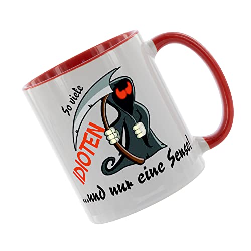 So viele Idioten und nur eine Sense Kaffeetasse mit Motiv, Tasse mit Druck, auch individuell mit Spruch, Foto, Wunschtext, Wunschname (Rot) von Crealuxe