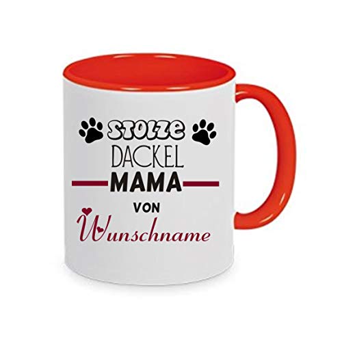 Crealuxe Kaffeetasse 'Stolze DACKEL Mama von (Wunschname)' personalisiert, Spruchtasse, hochwertige Keramiktasse (Rot) von Crealuxe