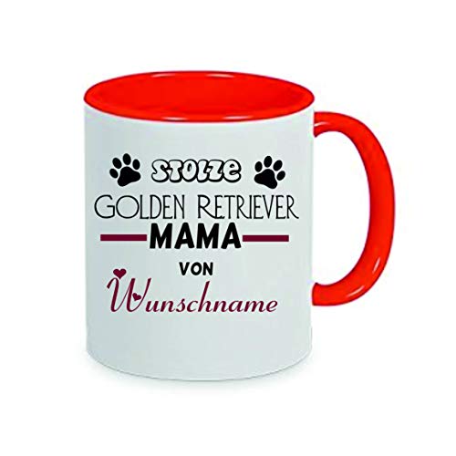 "Stolze Golden Retriever Mama von (Wunschname)" Kaffeetasse mit Motiv, Tasse mit Druck, auch individuell mit Spruch, Foto, Wunschtext, Wunschname (Rot) von Crealuxe