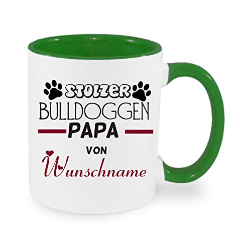 Stolzer Bulldoggen Papa von Wunschname - Kaffeetasse mit Motiv, Tasse mit Druck, auch individuell mit Spruch, Foto, Wunschtext, Wunschname (Grün) von Crealuxe