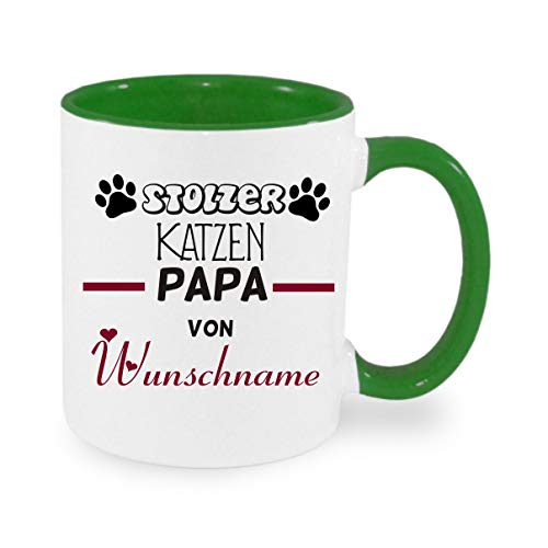 Stolzer Katzen Papa von Wunschname - Kaffeetasse mit Motiv, Tasse mit Druck, auch individuell mit Spruch, Foto, Wunschtext, Wunschname (Grün) von Crealuxe