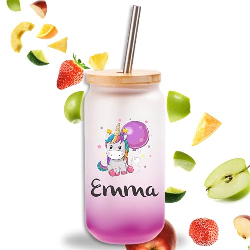 Crealuxe Trinkglas mit Bambusdeckel & Edelstahl-Strohhalm – 520 ml – Einhorn Wunschname - Glas mit Farbverlauf – Geschenkidee – Smoothie, Cocktail, Eistee Glas Lila von Crealuxe