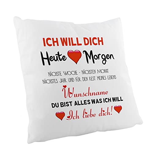 Crealuxe Zierkissen 'Ich Will Dich Wunschname' personalisiert, Sofakissen, Baumwollkissen, Geschenk für Valentinstag von Crealuxe