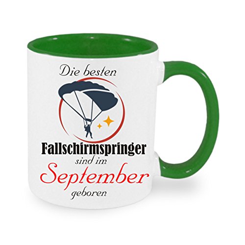 Die besten Fallschirmspringer sind im September geboren - Kaffeetasse mit Motiv, Tasse mit Druck, auch individuell mit Spruch, Foto, Wunschtext, Wunschname (Grün) von Crealuxe