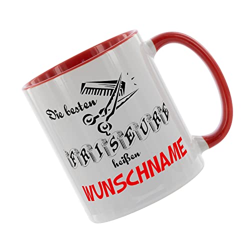 "Die besten Friseure heißen Wunschname " Kaffeetasse mit Motiv, Tasse mit Druck, auch individuell mit Spruch, Foto, Wunschtext, Wunschname (Rot) von Crealuxe