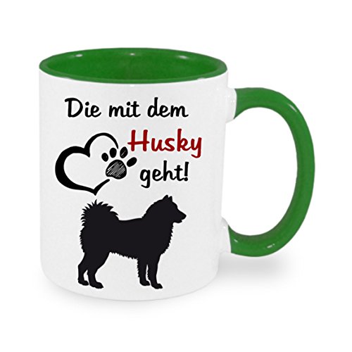 Die mit dem Husky geht - Kaffeetasse mit Motiv, Tasse mit Druck, auch individuell mit Spruch, Foto, Wunschtext, Wunschname (grün) von Crealuxe