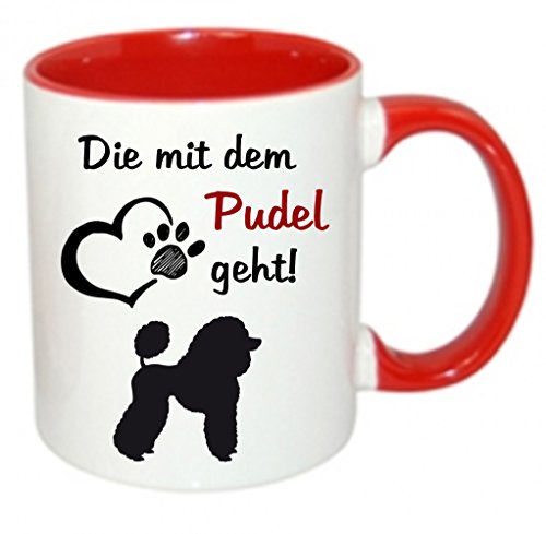 " Die mit dem Pudel geht " - Kaffeetasse mit Motiv, Tasse mit Druck, auch individuell mit Spruch, Foto, Wunschtext, Wunschname (rot) von Crealuxe