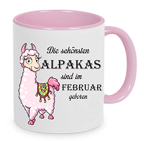 Die schönsten Alpakas werden im Februar geboren - Kaffeetasse mit Motiv, Tasse mit Druck, auch individuell mit Spruch, Foto, Wunschtext, Wunschname (Rosa) von Crealuxe