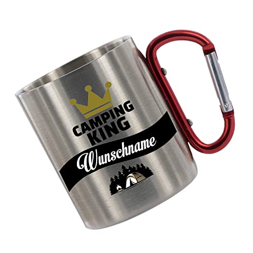 Crealuxe Edelstahltasse mit Karabiner 'Camping King Wunschname' Tasse personalisiert, Kaffeetasse, Bürotasse, Metalltasse mit Name von Crealuxe