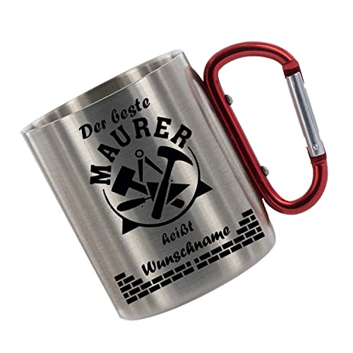 Crealuxe Edelstahltasse mit Karabiner 'Der beste Maurer heißt Wunschname' Tasse personalisiert, Kaffeetasse, Bürotasse, Metalltasse mit Name von Crealuxe