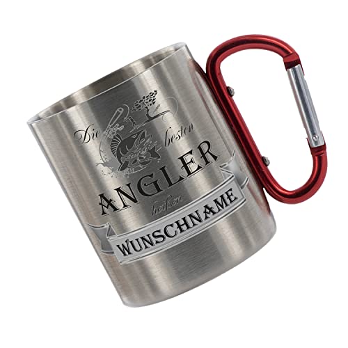 Crealuxe Edelstahltasse mit Karabiner 'Die Besten Angler heißen Wunschname' Tasse personalisiert, Kaffeetasse, Bürotasse, Metalltasse mit Name von Crealuxe