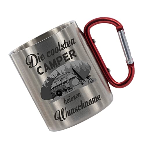 Crealuxe Edelstahltasse mit Karabiner 'Die Coolsten Camper heißen Wunschname' Tasse personalisiert, Kaffeetasse, Bürotasse, Metalltasse mit Name von Crealuxe