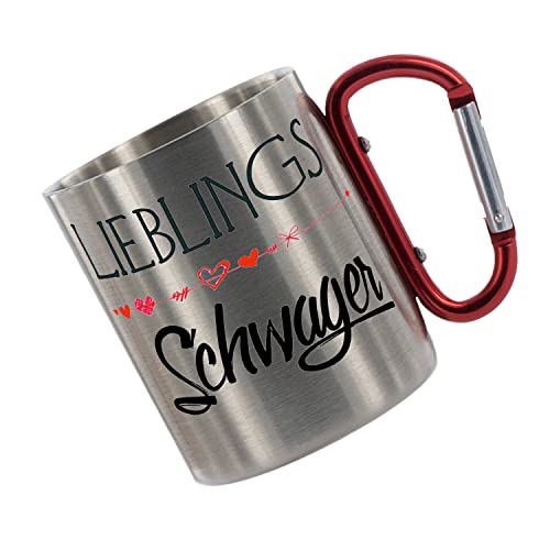 Crealuxe Edelstahltasse mit Karabiner 'Lieblingsschwager' Tasse bedruckt, Kaffeetasse, Bürotasse, Metalltasse mit Name von Crealuxe