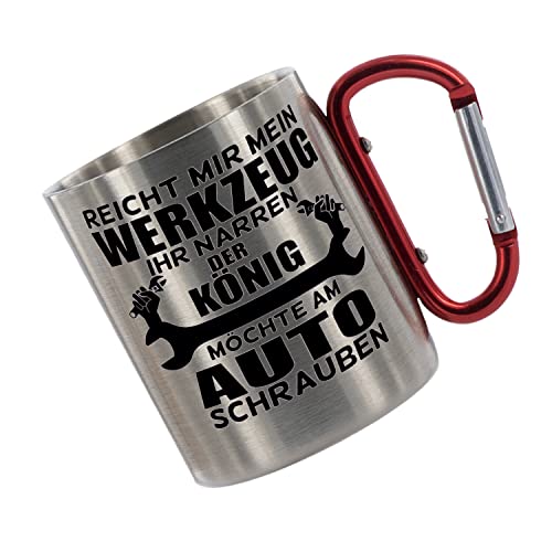 Edelstahltasse mit Carabiner " Reicht mir das Werkzeug ihr Narren... " Blechtasse, Campingtasse, Kaffeetasse mit Motiv, Bürotasse, bedruckte Tasse mit Foto, Bild, personalisiert mit Name von Crealuxe