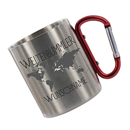 CreaLuxe Edelstahltasse mit Karabiner 'Weltenbummler Wunschname' Tasse personalisiert, Kaffeetasse, Bürotasse, Metalltasse mit Name von Crealuxe