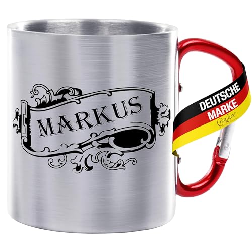 Crealuxe Edelstahltasse mit Karabiner 'Wunschname' Tasse personalisiert, Kaffeetasse, Bürotasse, Metalltasse mit Name von Crealuxe