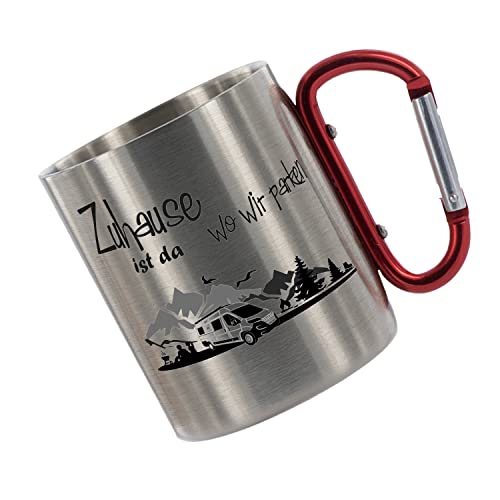 Crealuxe Edelstahltasse mit Karabiner 'Zuhause ist da wo wir parken' Tasse bedruckt, Kaffeetasse, Bürotasse, Metalltasse mit Name von Crealuxe