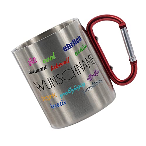 ' Eigenschaften von Wunschname ' Kaffeetasse mit Motiv, Tasse mit Druck, auch individuell mit Spruch, Foto, Wunschtext, Wunschname (Edelstahl mit Karabiner) von Crealuxe