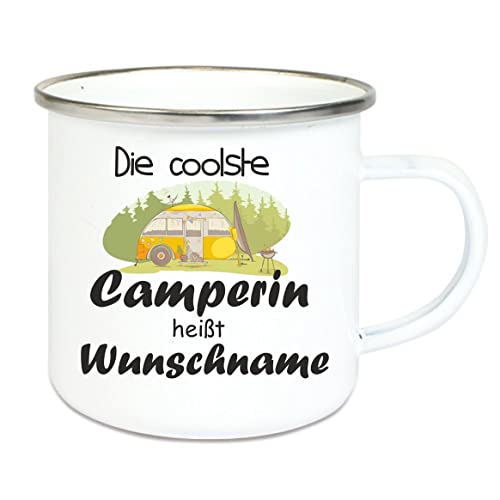 Emaille Tasse - Die Coolste Camperin heißt (Wunschname) - Kaffeetasse mit Motiv, Campingtasse, bedruckte Emailletasse mit Wunschtext, Tasse personalisiert von Crealuxe