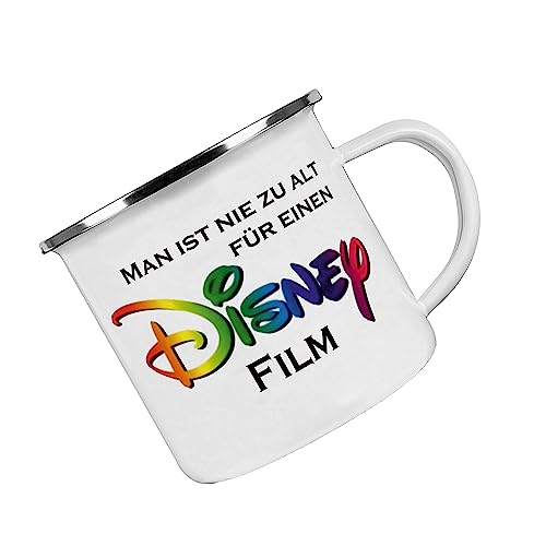Emaille Tasse - Man ist nie zu alt für einen Disney Film - Kaffeetasse mit Motiv, Campingtasse, bedruckte Emailletasse mit Wunschtext von Crealuxe