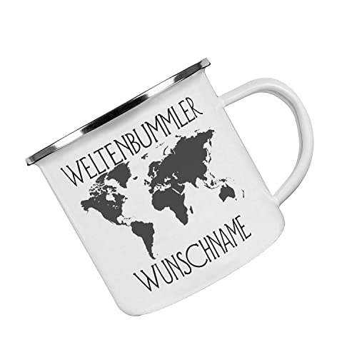 Crealuxe Emaille Tasse Weltenbummler (Wunschname) - Kaffeetasse mit Motiv, Campingtasse, bedruckte Emailletasse mit Wunschtext, Wunschname, Spruch oder Bildern von Crealuxe