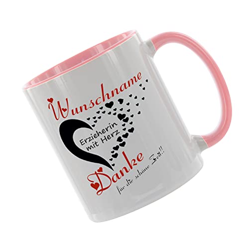 Crealuxe Kaffeetasse - (Wunschname) Erzieherin mit Herz - danke für die schöne Zeit - Bürotasse, bedruckte Keramiktasse, Tasse mit Spruch, Hochwertige Kaffeetasse, personalisiert (Rosa) von Crealuxe