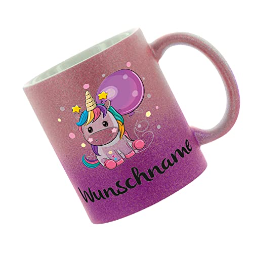 Crealuxe Farbverlauf-Glitzertasse (pink-purple) Wunschname -Motiv Einhorn - Glitzertasse mit Farbverlauf - Kaffeetasse von Crealuxe