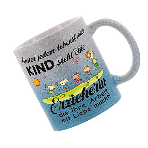 Crealuxe Farbverlauf-Glitzertasse (silber-blau) Hinter jedem lebensfrohen Kind steht. - Glitzertasse mit Farbverlauf - Kaffeetasse von Crealuxe