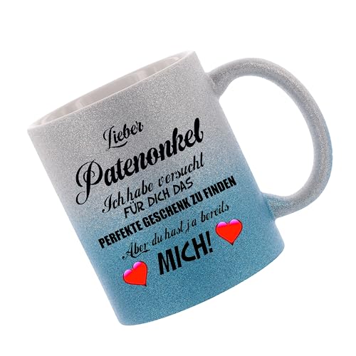 Crealuxe Farbverlauf-Glitzertasse (silber-blau) Lieber Patenonkel ich habe versucht für dich das perfekte Geschenk.. - Glitzertasse mit Farbverlauf - Kaffeetasse von Crealuxe