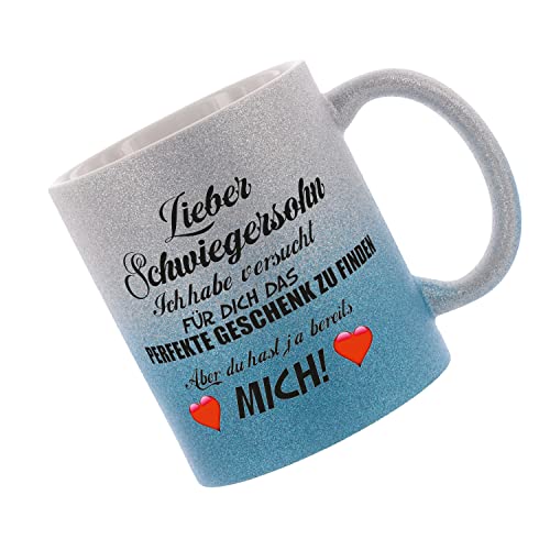 Crealuxe Farbverlauf-Glitzertasse (silber-blau) Lieber Schwiegersohn ich habe versucht für dich das perfekte Geschenk.. - Glitzertasse mit Farbverlauf - Kaffeetasse von Crealuxe