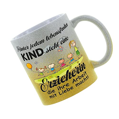 Crealuxe Farbverlauf-Glitzertasse (silber-gold) Hinter jedem lebensfrohen Kind steht eine Erzieherin. - Glitzertasse mit Farbverlauf - Kaffeetasse von Crealuxe