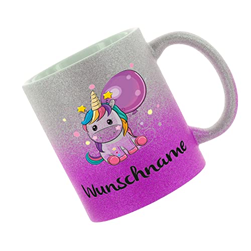 Crealuxe Farbverlauf-Glitzertasse (silber-purple) Wunschname Einhorn.. - Glitzertasse mit Farbverlauf - Kaffeetasse von Crealuxe