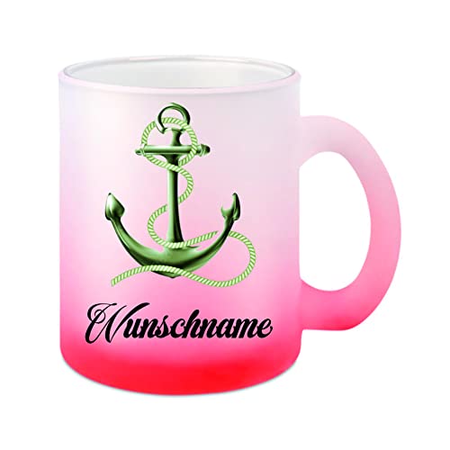 Glas-Tasse weiß/rot " Ankermotiv mit Wunschname " Kaffeetasse, Teetasse, Glühweintasse, Glas satiniert mit Farbverlauf von Crealuxe