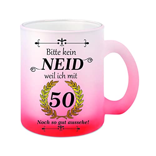 Glas-Tasse weiß/rot Bitte kein Neid weil ich mit 50 noch so gute aussehe Kaffeetasse, Teetasse, Glühweintasse, Glas satiniert mit Farbverlauf Glas-Tasse weiß/rot Bitte kein Neid weil ich mit 50 noch so gute aussehe Kaffeetasse, Teetasse, Glühweintasse, Glas satiniert mit Farbverlauf von Crealuxe