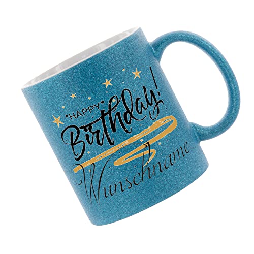 Crealuxe Glitzertasse (Dunkelblau) 'Happy Birthday Wunschname' personaliert, Kaffeetasse, Bürotasse von Crealuxe