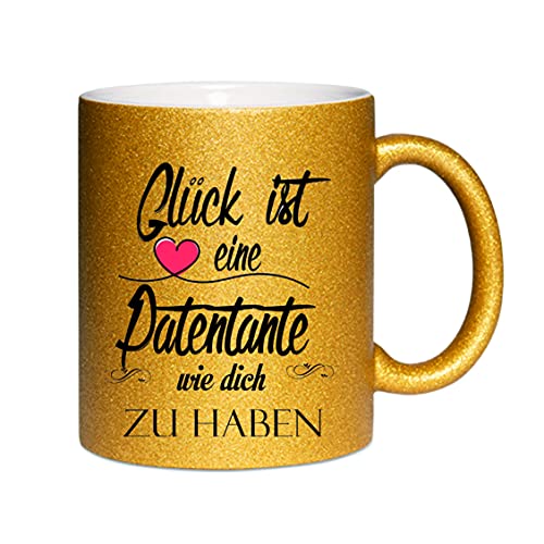 Glitzertasse (Gold) Glück ist eine Patentante wie dich zu haben - Kaffeetasse, bedruckte Tasse mit Sprüchen oder Bildern, Bürotasse, von Crealuxe