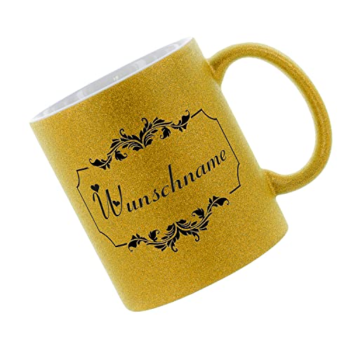 Glitzertasse (Gold) Wunschname mit Motiv - Kaffeetasse, bedruckte Tasse mit Sprüchen oder Bildern, Bürotasse, von Crealuxe