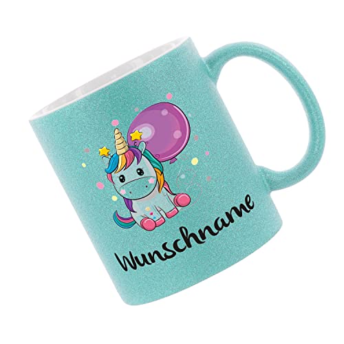 Glitzertasse (Hellblau) Einhorntasse (Wunschname) - Kaffeetasse, bedruckte Tasse mit Sprüchen oder Bildern, Bürotasse, von Crealuxe